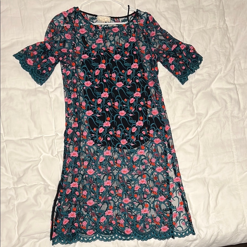 Anthropologie Floral Lace Tunic Top in Green and Pink